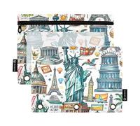 Sevdomey Astuccio a 3 anelli con finestra trasparente, motivo: monumenti degli Stati Uniti d'America, confezione da 2 buste per raccoglitore con cerniera per ufficio, Cartoon Usa Luoghi di interess,