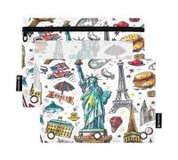 Sevdomey Astuccio a 3 anelli con finestra trasparente, motivo: monumenti degli Stati Uniti d'America, confezione da 2 buste per raccoglitore con cerniera per ufficio, Cartoon Usa Luoghi di interess,