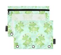Sevdomey Astuccio a 3 anelli con finestra trasparente, motivo rana dei cartoni animati, colore verde, confezione da 2 tasche con cerniera per ufficio, Cartoon Frog Verde, 7.08*9.301 inch, PORTA MATITE