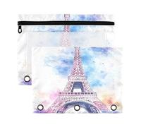 Sevdomey Astuccio per matite con 3 anelli con finestra trasparente, motivo Torre Eiffel, acquerello, confezione da 2 sacchetti con cerniera per ufficio, Torre Eiffel ad acquerello, 7.08*9.85 inch