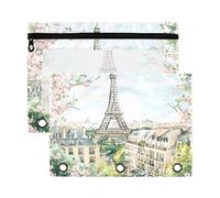 Sevdomey Astuccio per matite con 3 anelli con finestra trasparente, motivo Torre Eiffel, acquerello, confezione da 2 sacchetti con cerniera per ufficio, Torre Eiffel ad acquerello, 7.08*9.85 inch,
