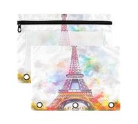 Sevdomey Astuccio per matite con 3 anelli con finestra trasparente, motivo Torre Eiffel, acquerello, confezione da 2 sacchetti con cerniera per ufficio, Torre Eiffel ad acquerello, 7.08*9.85 inch,
