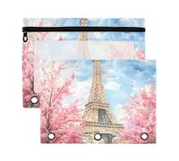 Sevdomey Astuccio per matite con 3 anelli con finestra trasparente, motivo Torre Eiffel, acquerello, confezione da 2 sacchetti con cerniera per ufficio, Torre Eiffel ad acquerello, 7.08*9.85 inch,