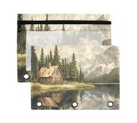 Sevdomey Old Log Cabin - Astuccio a 3 anelli con finestra trasparente, confezione da 2 tasche con cerniera per ufficio, Vecchia capanna di tronchi, 7.08*9.85 inch, PORTA MATITE