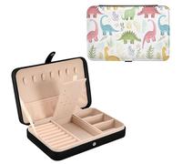 Sevdomey Portagioie in pelle PU con dinosauri in stile cartone animato, per donne e ragazze, foderato in velluto, custodia portatile per gioielli, anelli, orecchini, collane, bracciali