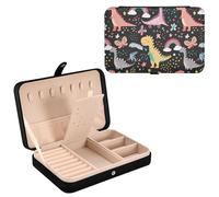 Sevdomey Portagioie in pelle PU con dinosauri in stile cartone animato, per donne e ragazze, foderato in velluto, custodia portatile per gioielli, anelli, orecchini, collane, bracciali