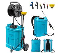 Seveat Spruzzatore a zaino alimentato a batteria con carrello e avvolgitubo, resistente, 6 ugelli sostituibili, pressione regolabile continua 20-80 psi, max 80 psi, durata della batteria 4-6 ore