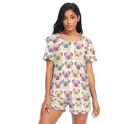 SEVEBJ Cartoon Pug Puppy Occhiali Donna Pjs Set con Tasche Cotone 2 Pezzi Top & Shorts O Collo, Come nella foto, L