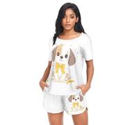 SEVEBJ Pigiama da donna bianco con motivo a stelle e cucciolo, set estivo morbido, S, Multicolore, M
