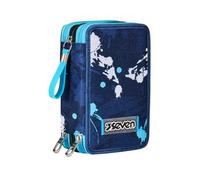 Astuccio 3 Scomparti Seven, Blu, Triplo Scomparto, Completo di Matite, Pennarelli, Colori, Accessori Zaino, Elementari, Medie, Superiori, Bambino e Ragazzo
