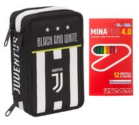 Astuccio 3 Scomparti Juventus, Best Match, Bianco e Nero, con penne, matite, colori e altro ancora + 12 Pastelli a Colori