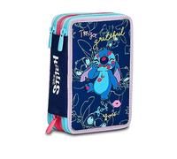 Seven Astuccio 3 Scomparti, LILO & STITCH MY ALIEN PAL, Blu, Triplo Scomparto, Completo di Matite, Pennarelli, Colori, Accessori Zaino, Elementari, Medie