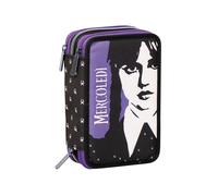 Seven Astuccio 3 Scomparti, MERCOLEDÌ, Viola, Triplo Scomparto, Completo di Matite, Pennarelli, Colori, Accessori Zaino, Elementari, Medie