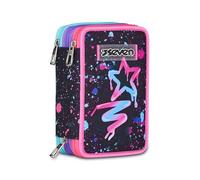 Seven Astuccio Scuola 3 Zip, Nero, Portapenne Triplo Scomparto Completo Di Penne, Matite, Colori, Accessori Zaino, Scuole Elementari, Bambina