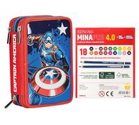 Seven Astuccio Scuola 3 Scomparti, Disney - CAPTAIN AMERICA, Blu Rosso Multi Scomparto Con Matite, Penne e Colori + 18 Pastelli a Colori