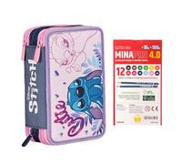 Seven Astuccio Scuola 3 Scomparti, DISNEY - LILO & STITCH, Multicolore Multi Scomparto Con Matite, Penne e Colori + 12 Pastelli a Colori