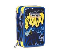Seven Astuccio Scuola 3 Zip, Blu Giallo, Portapenne Triplo Scomparto Completo Di Penne, Matite, Colori, Accessori Zaino, Scuola Elementare, Bambino