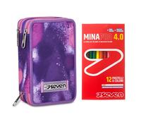 Seven Astuccio Scuola 3 Zip Completo + 12 Pastelli a Colori
