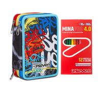 Seven Astuccio Scuola 3 Zip, Blu Rosso Giallo, Mark On Boy Triplo Scomparto Completo Di Penne, Matite, Colori + 12 Pastelli a Colori