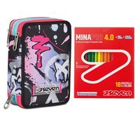 Seven Astuccio Scuola 3 Zip Completo + 18 Pastelli a Colori