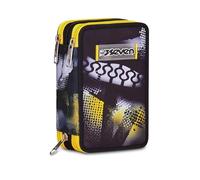 Seven Astuccio Scuola 3 zip GOLDEN PAINT, Nero, Portapenne attrezzato, Triplo scomparto, 45 pezzi, Completo di penne, matite e colori, Accessori Zaino, Scuola elementare, Asilo, Per bambini