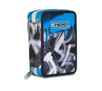 Seven Astuccio Scuola 3 Zip, Grigio Azzurro, Portapenne Triplo Scomparto Completo Di Penne, Matite, Colori, Accessori Zaino, Scuola Elementare, Bambino