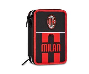 Seven Astuccio Scuola 3 Zip Milan, Nero, Triplo Scomparto, 45 pezzi, Set cancelleria incluso, Accessori Zaino, Scuola elementare, Bambini e ragazzi, Calcio, Prodotto ufficiale