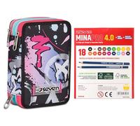 Seven Astuccio Scuola 3 Zip, Nero Viola Fucsia, Portapenne Triplo Scomparto Completo Di Penne, Matite, Colori + 18 Pastelli a Colori
