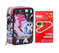 Seven Astuccio Scuola 3 Zip, Nero Viola Fucsia, Portapenne Triplo Scomparto Completo Di Penne, Matite, Colori + 12 Pastelli a Colori