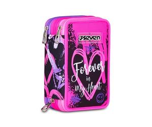 Seven Astuccio Scuola 3 Zip, Rosa, Portapenne Triplo Scomparto Completo Di Penne, Matite, Colori, Accessori Zaino, Scuole Elementari, Bambina