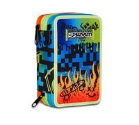 Seven Astuccio 3 Zip SCRIBBLED FLAME, Triplo scomparto portapenne, Blu, Completo per Bambino