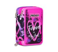 Seven Astuccio Scuola 3 Zip, Rosa, Portapenne Triplo Scomparto Completo Di Penne, Matite, Colori, Accessori Zaino, Scuole Elementari, Bambina