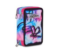 Seven Astuccio Scuola Elementare, 3 scomparti con Matite, Pennarelli, Penne, 3 Zip, Purple Flare, Bambina e Ragazza, rosa/nero