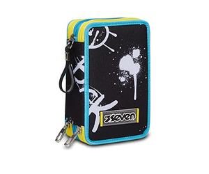 Seven Astuccio Scuola Elementare, 3 scomparti, Medie, con Matite, Pennarelli, Penne, 3 Zip, Abstract Graffiti Boy, Bambino, Ragazzo, nero/azzurro