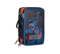 Seven Astuccio Scuola Elementare, 3 scomparti, Medie, con Matite, Pennarelli, Penne, 3 Zip, Chromo Fluid Boy, Bambino, Ragazzo, arancione/grigio