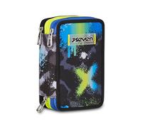 Seven Astuccio Scuola Elementare, 3 scomparti, Medie, con Matite, Pennarelli, Penne, 3 Zip, Color Blast, Bambino, Ragazzo, verde/nero