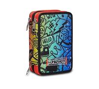 Seven Astuccio Scuola Elementare, 3 scomparti, Medie, con Matite, Pennarelli, Penne, 3 Zip, Fluo Stamp, Bambino e Ragazzo, blu/arancione