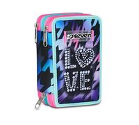Seven Astuccio Scuola Elementare, 3 scomparti, Medie, con Matite, Pennarelli, Penne, 3 Zip, Glow Love, Bambina, Ragazza, blu/rosa