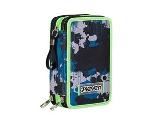 Seven Astuccio Scuola Elementare, 3 scomparti, Medie, con Matite, Pennarelli, Penne, 3 Zip, Green Screen, Bambino, Ragazzo, verde/blu