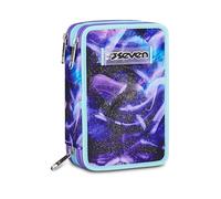 Seven Astuccio Scuola Elementare, 3 scomparti, Medie, con Matite, Pennarelli, Penne, 3 Zip, Lovepass, Bambina, Ragazza, viola/blu