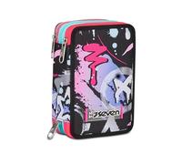 Seven Astuccio Scuola Elementare, 3 scomparti, Medie, con Matite, Pennarelli, Penne, 3 Zip, Mark On Girl, Bambina, Ragazza, nero