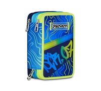Seven Astuccio Scuola Elementare, 3 scomparti, Medie, con Matite, Pennarelli, Penne, 3 Zip, Nuanced Blue, Bambino, Ragazzo, giallo/blu