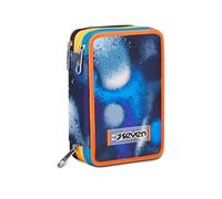 Seven Astuccio Scuola Elementare, 3 scomparti, Medie, con Matite, Pennarelli, Penne, 3 Zip, Portapenne Bambino, Retrocolor, Blu/arancione
