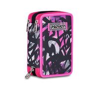 Seven Astuccio Scuola Elementare, 3 scomparti, Medie, con Matite, Pennarelli, Penne, 3 Zip, Starnova, Bambina e Ragazza, nero/fucsia
