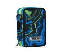 Seven Astuccio Scuola Elementare, 3 scomparti, Medie, con Matite, Pennarelli, Penne, 3 Zip, Uneven Line, Bambino e Ragazzo, blu