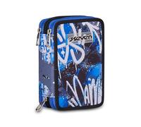 Seven Astuccio Scuola Elementare, 3 scomparti, Medie, con Matite, Pennarelli, Penne, 3 Zip, Writing Graffiti, Bambino, Ragazzo, blu/nero