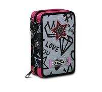 Seven Astuccio Scuola Elementare, 3 scomparti, Medie, con Matite, Pennarelli, Penne, 3 Zip, Zipper Glamy, Bambina, Ragazza, grigio