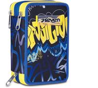 Seven Astuccio Scuola 3 Zip, Blu Giallo, Portapenne Triplo Scomparto Completo Di Penne, Matite, Colori, Accessori Zaino, Scuola Elementare, Bambino