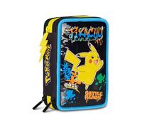 Seven Astuccio Scuola Pokemon 3 Zip, Nero, Portapenne Triplo Scomparto Completo Di Penne, Matite, Colori, Accessori, Scuole Elementari, Bambino