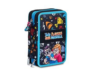 Seven Astuccio Scuola Portapenne Two Players One Console - 3 Zip Completo di Pennarelli, Matite, Ecc. .- Accessoriato, Multicolore